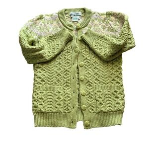 Vintage Aran Crafts Merino Wool Cable Knit Cardigan Lagenlook Cottage Irish XXS